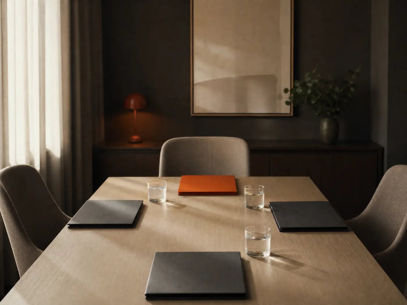 An empty meeting room with a folder laid at each seat
