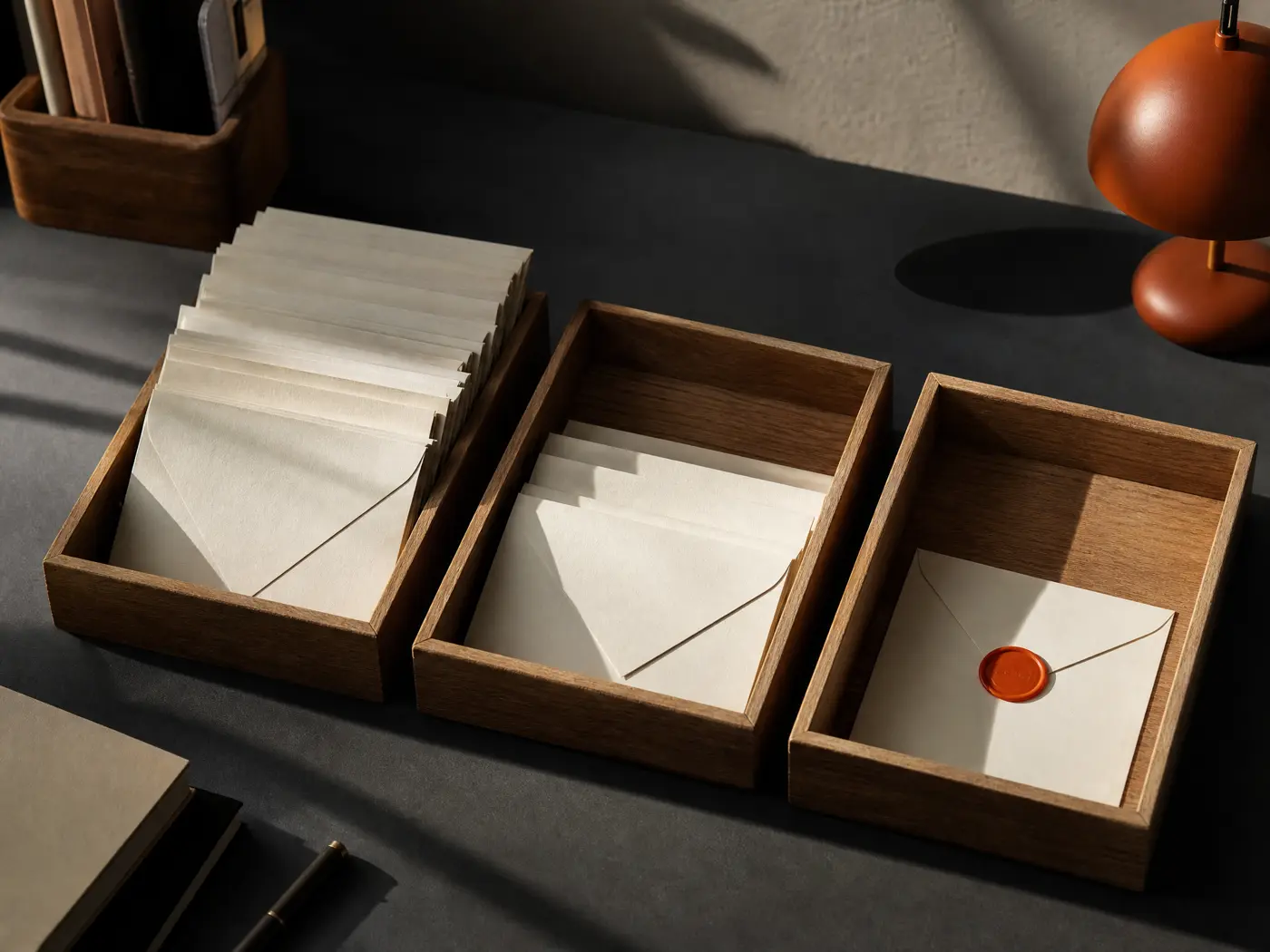 Letters sorted into three wooden trays